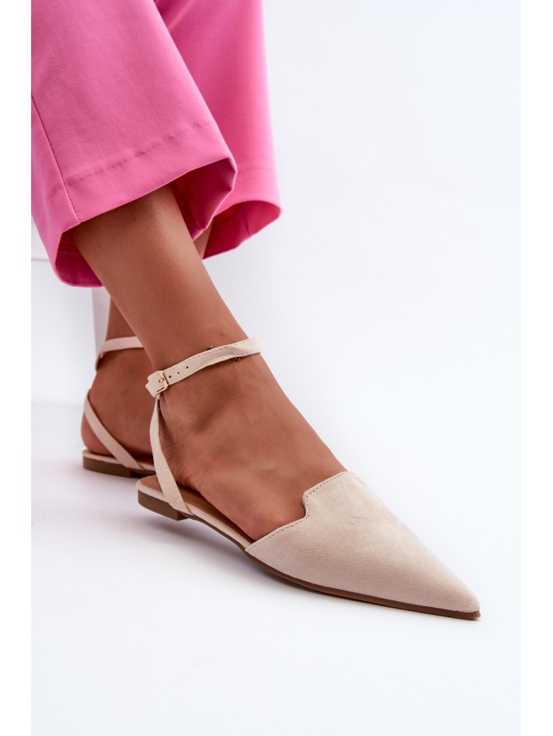 Lace-up Ballerina Flats in Faux Suede with Pointed Toes Beige Ellesara