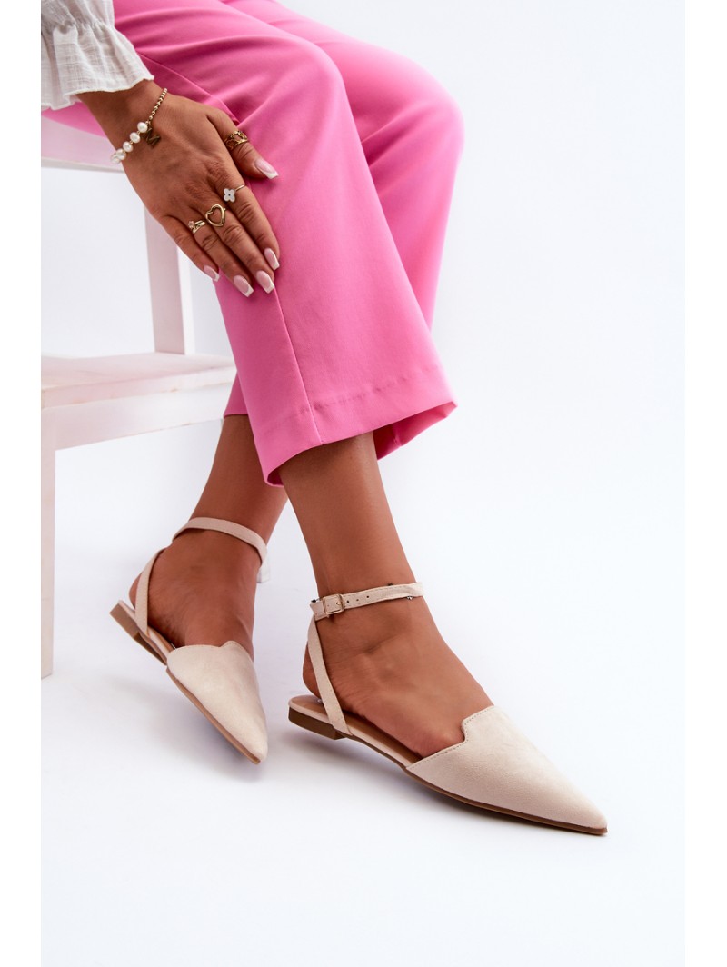 Lace-up Ballerina Flats in Faux Suede with Pointed Toes Beige Ellesara