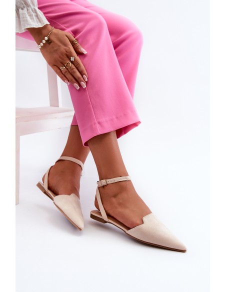 Lace-up Ballerina Flats in Faux Suede with Pointed Toes Beige Ellesara