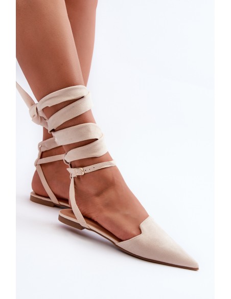 Lace-up Ballerina Flats in Faux Suede with Pointed Toes Beige Ellesara