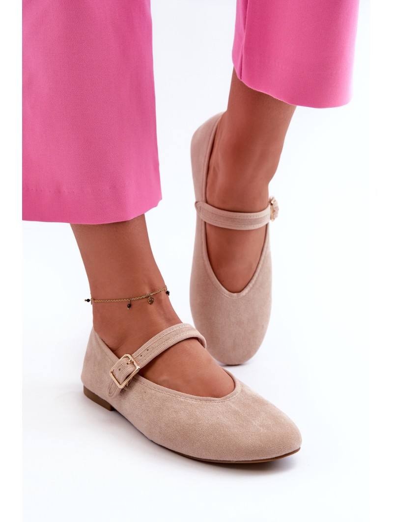 Beige Buckled Faux Suede Ballerina Flats Anlofi