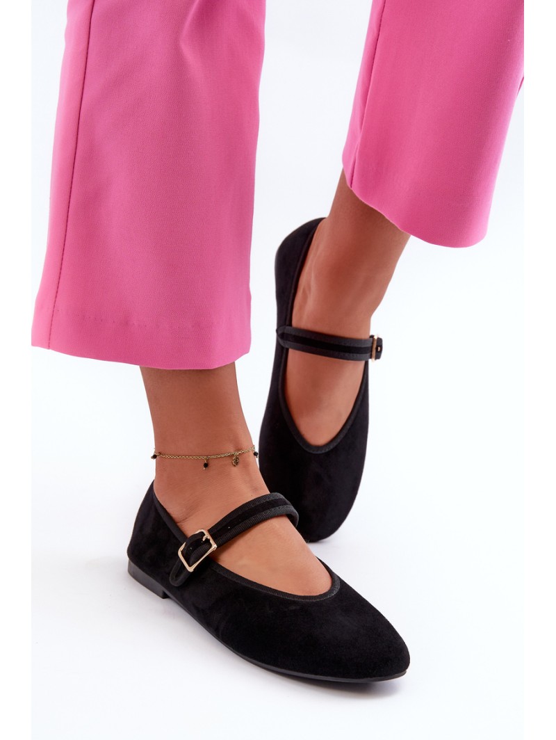 Black Eco-Suede Ballerina Flats with Buckle Anlofi