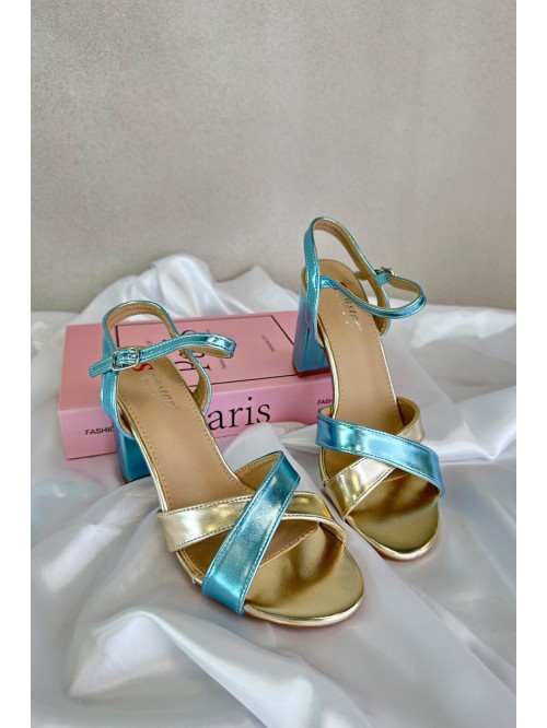 Eco Leather Sandals with Block Heel in Blue-Gold Abilica 2