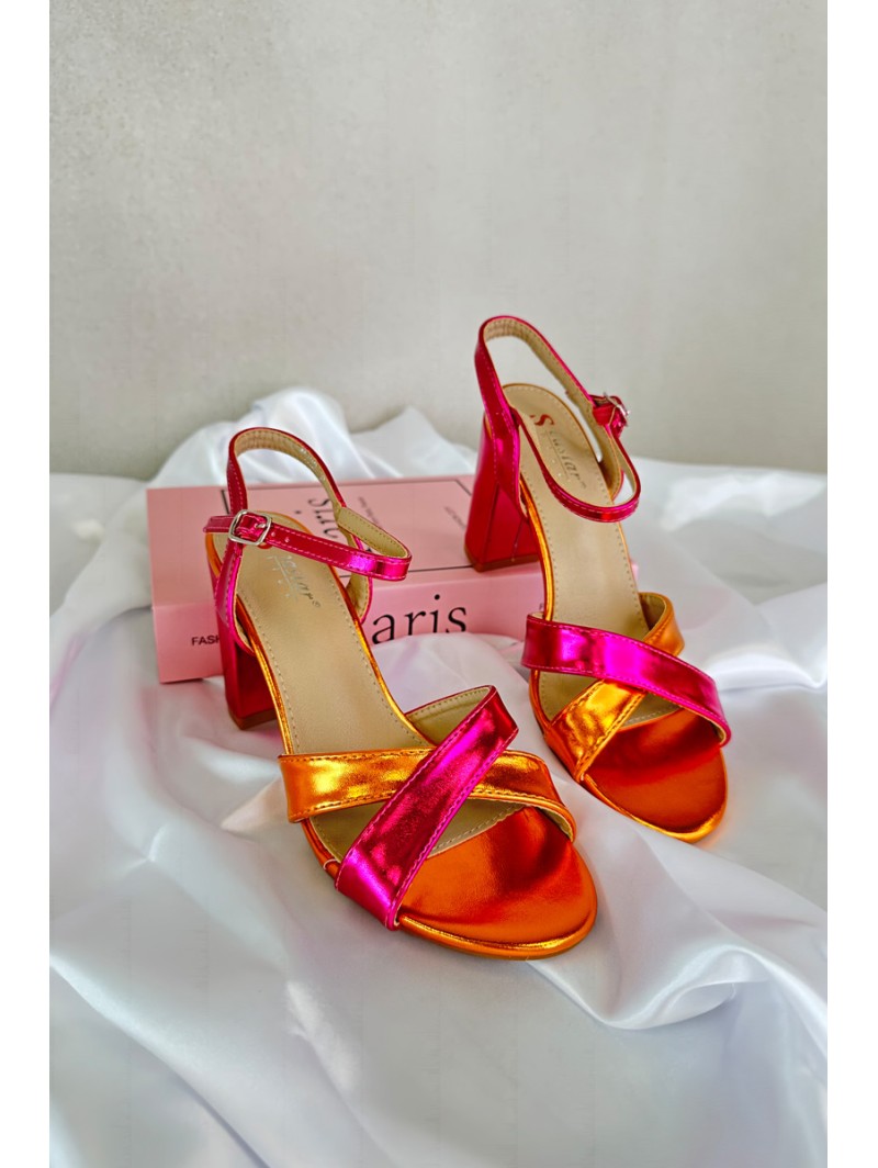 Eco Leather Sandals with High Block Heel Fuchsia Abilica