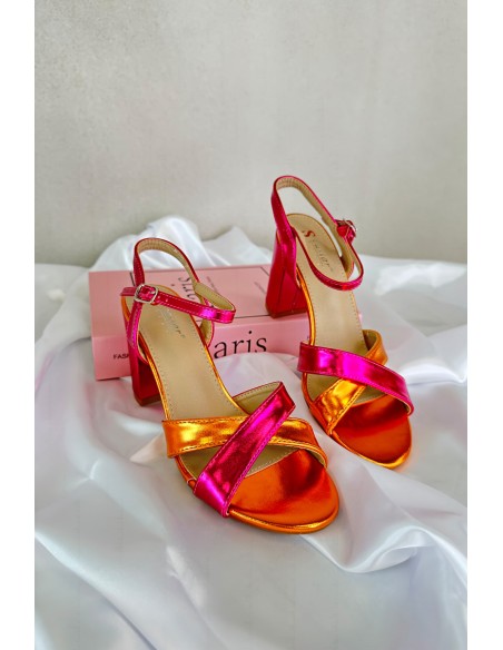 Eco Leather Sandals with High Block Heel Fuchsia Abilica