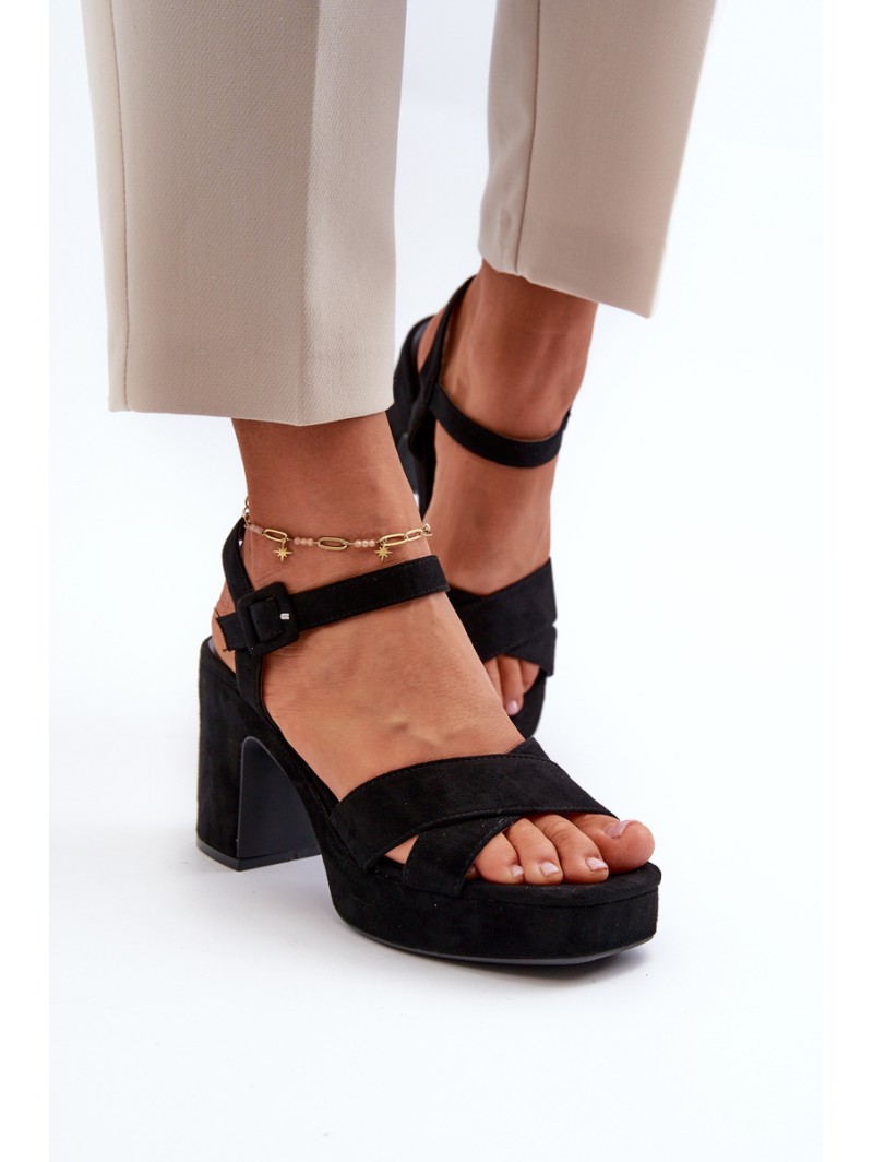 Women's Black Faux Suede Sandals with Chunky Heel and Platform Sakane