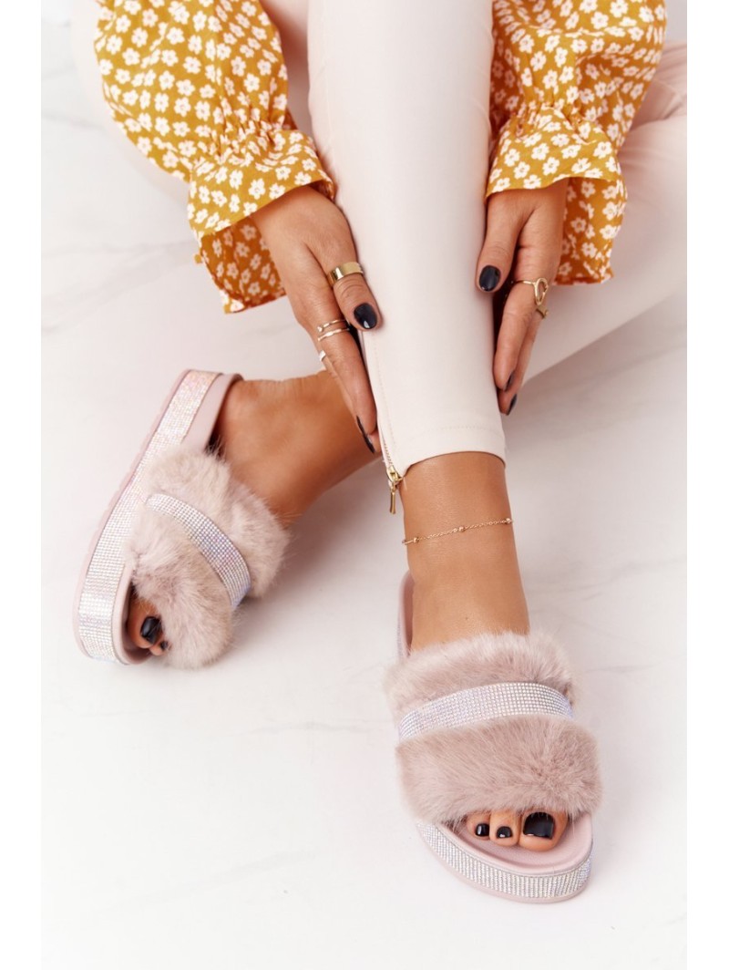 Platform Slippers With Fur And Cubic Zirconia Beige Impress