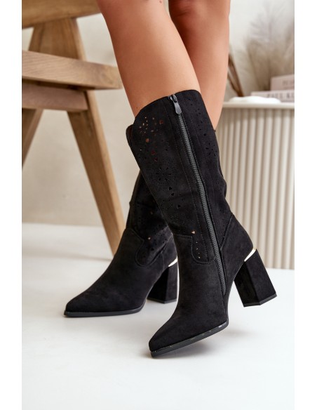 Black Women's Cut-Out Ankle Boots with Pointed Toes Faux Suede Nevithra