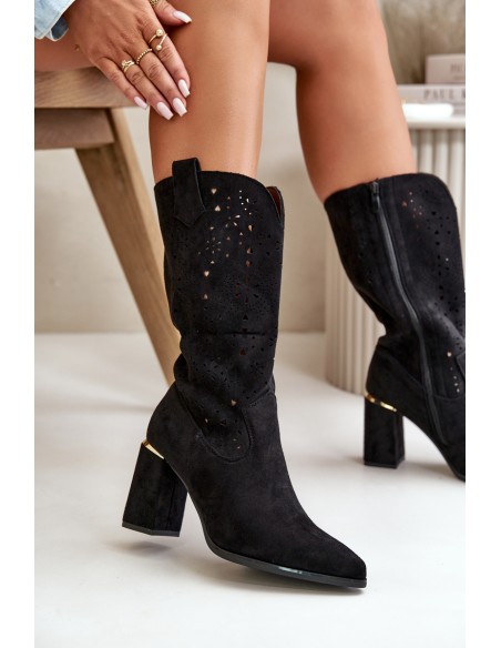 Black Women's Cut-Out Ankle Boots with Pointed Toes Faux Suede Nevithra