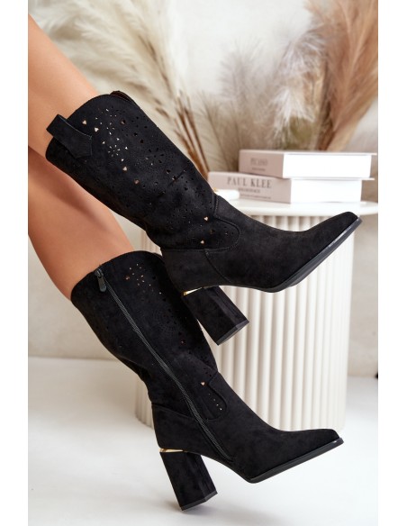 Black Women's Cut-Out Ankle Boots with Pointed Toes Faux Suede Nevithra