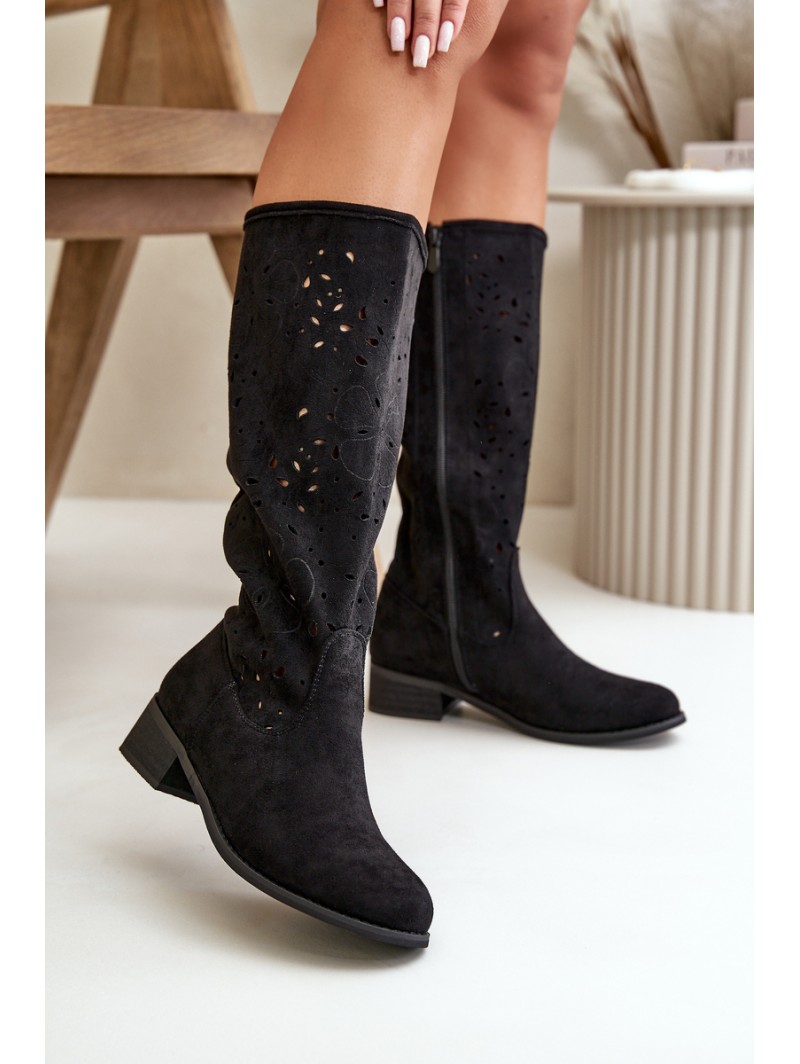 Women's Suede Boots with Lacing Black Tanive