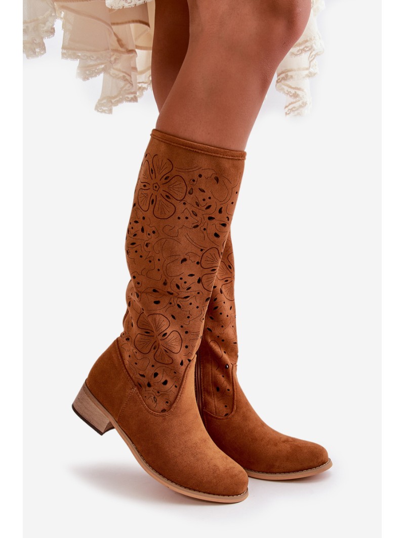 Women's Low Heel Cutout Boots in Faux Suede with Zip Closure Camel Orchides