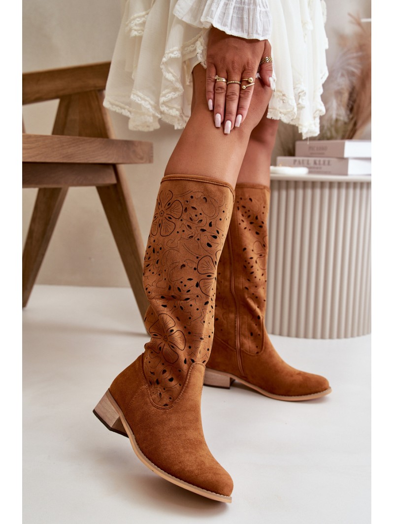Women's Low Heel Cutout Boots in Faux Suede with Zip Closure Camel Orchides