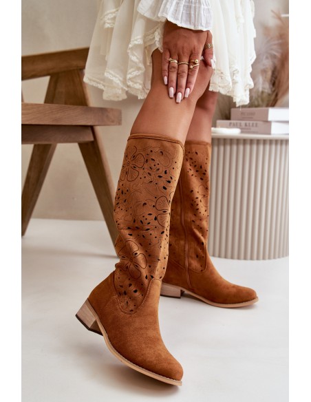Women's Low Heel Cutout Boots in Faux Suede with Zip Closure Camel Orchides
