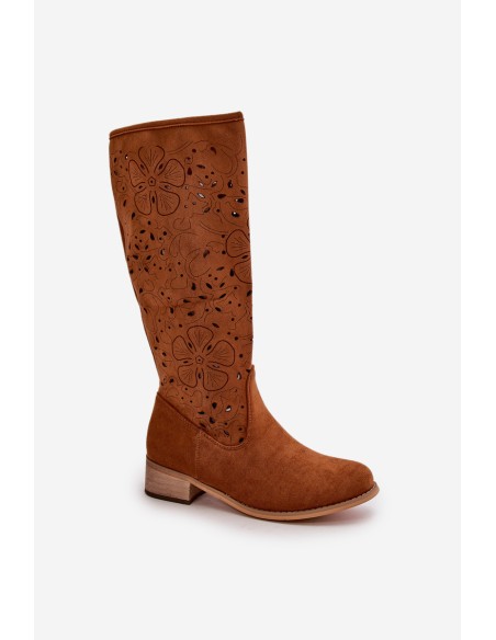 Women's Low Heel Cutout Boots in Faux Suede with Zip Closure Camel Orchides