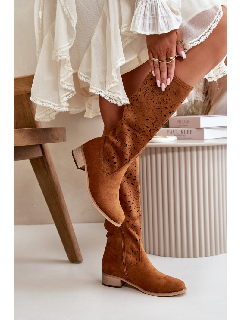 Women's Low Heel Cutout Boots in Faux Suede with Zip Closure Camel Orchides