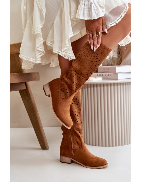 Women's Low Heel Cutout Boots in Faux Suede with Zip Closure Camel Orchides
