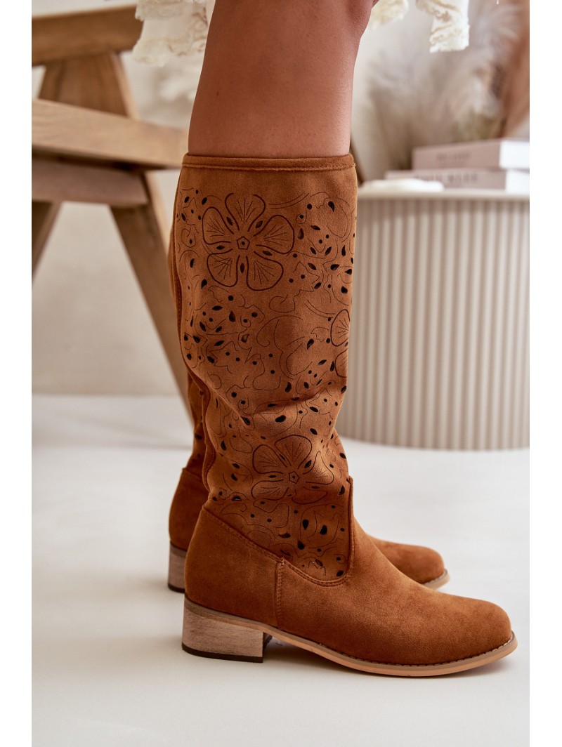 Women's Low Heel Cutout Boots in Faux Suede with Zip Closure Camel Orchides