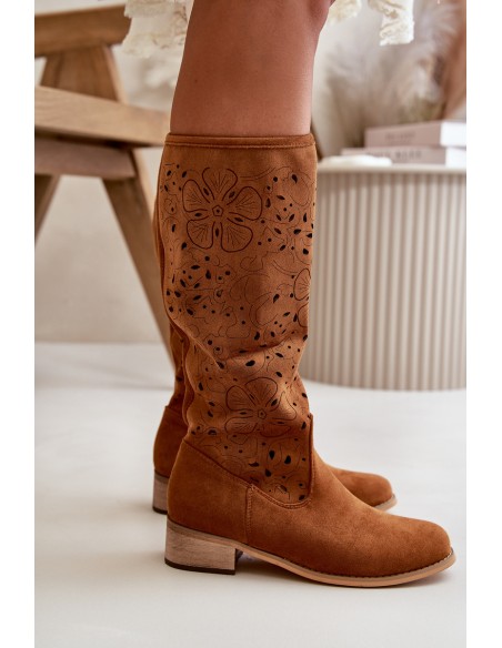 Women's Low Heel Cutout Boots in Faux Suede with Zip Closure Camel Orchides