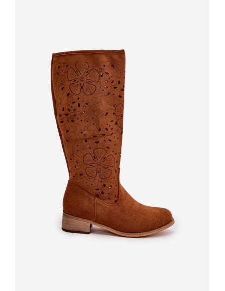 Women's Low Heel Cutout Boots in Faux Suede with Zip Closure Camel Orchides