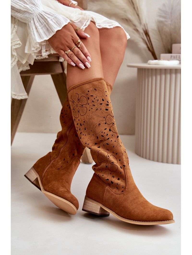 Women's Low Heel Cutout Boots in Faux Suede with Zip Closure Camel Orchides