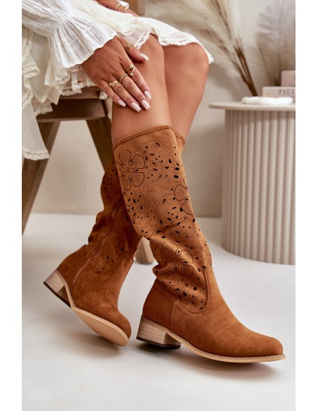 Women's Low Heel Cutout Boots in Faux Suede with Zip Closure Camel Orchides