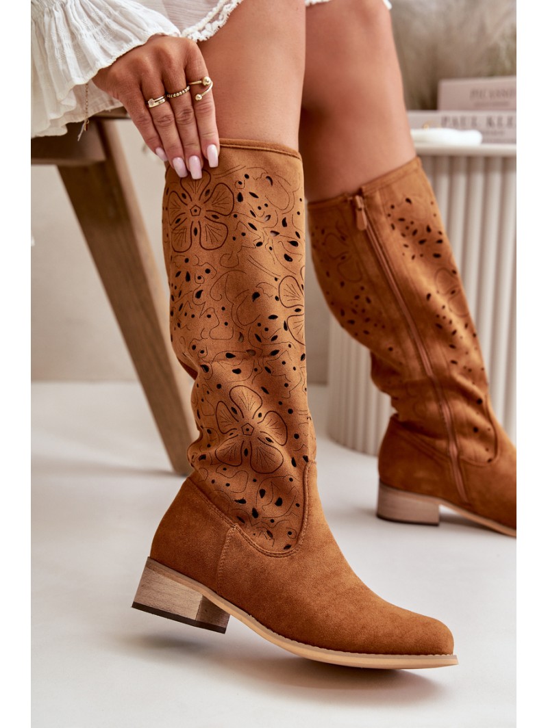Women's Low Heel Cutout Boots in Faux Suede with Zip Closure Camel Orchides