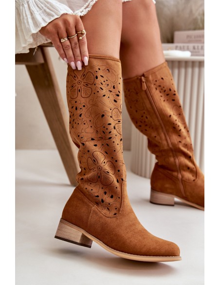 Women's Low Heel Cutout Boots in Faux Suede with Zip Closure Camel Orchides