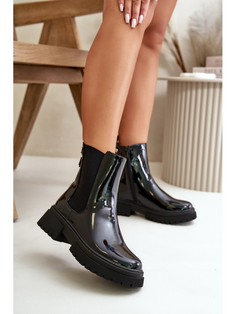 Black Zip-Up Glossy Ankle Boots Groesta