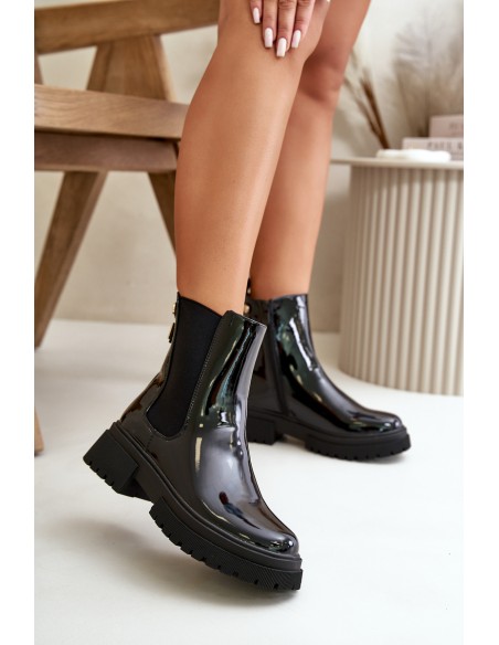 Black Zip-Up Glossy Ankle Boots Groesta