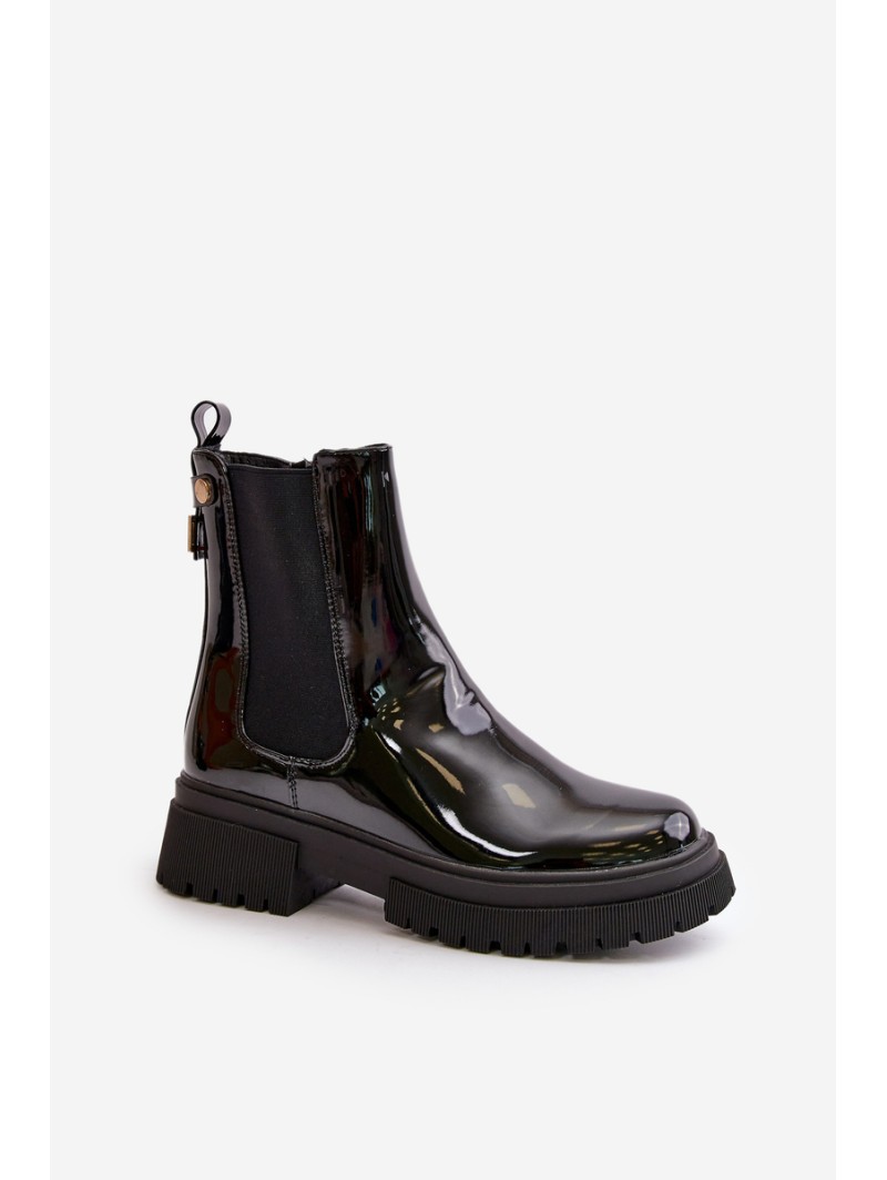 Black Zip-Up Glossy Ankle Boots Groesta