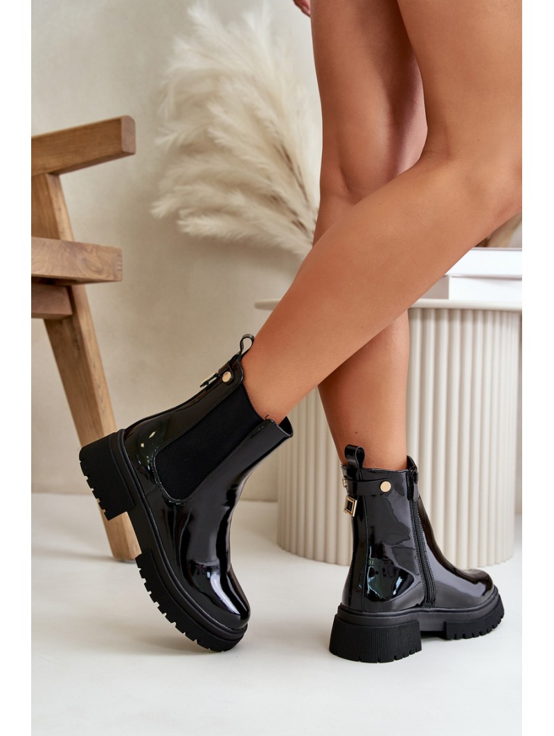 Black Zip-Up Glossy Ankle Boots Groesta