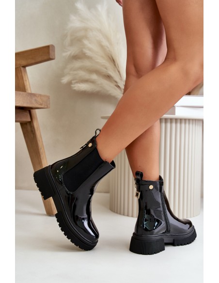 Black Zip-Up Glossy Ankle Boots Groesta