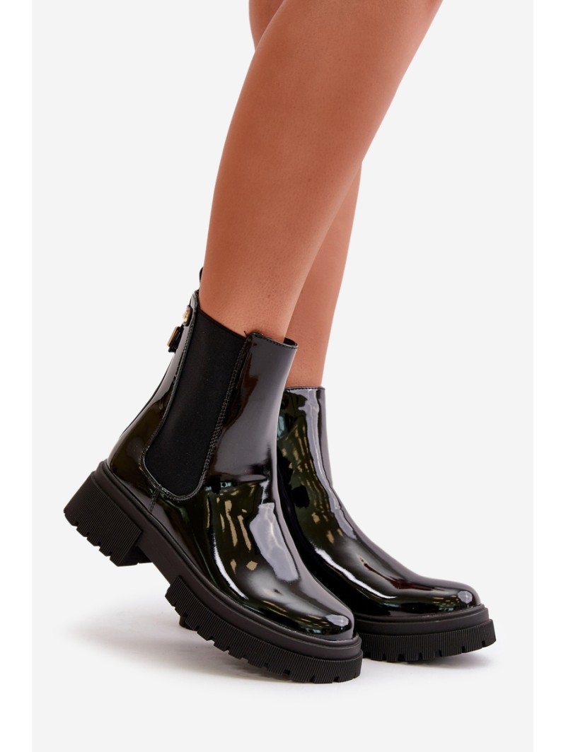 Black Zip-Up Glossy Ankle Boots Groesta