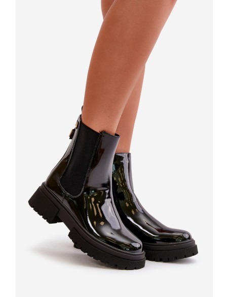 Black Zip-Up Glossy Ankle Boots Groesta