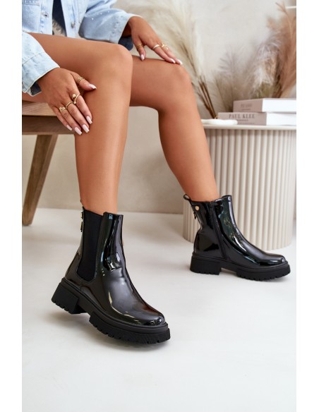 Black Zip-Up Glossy Ankle Boots Groesta