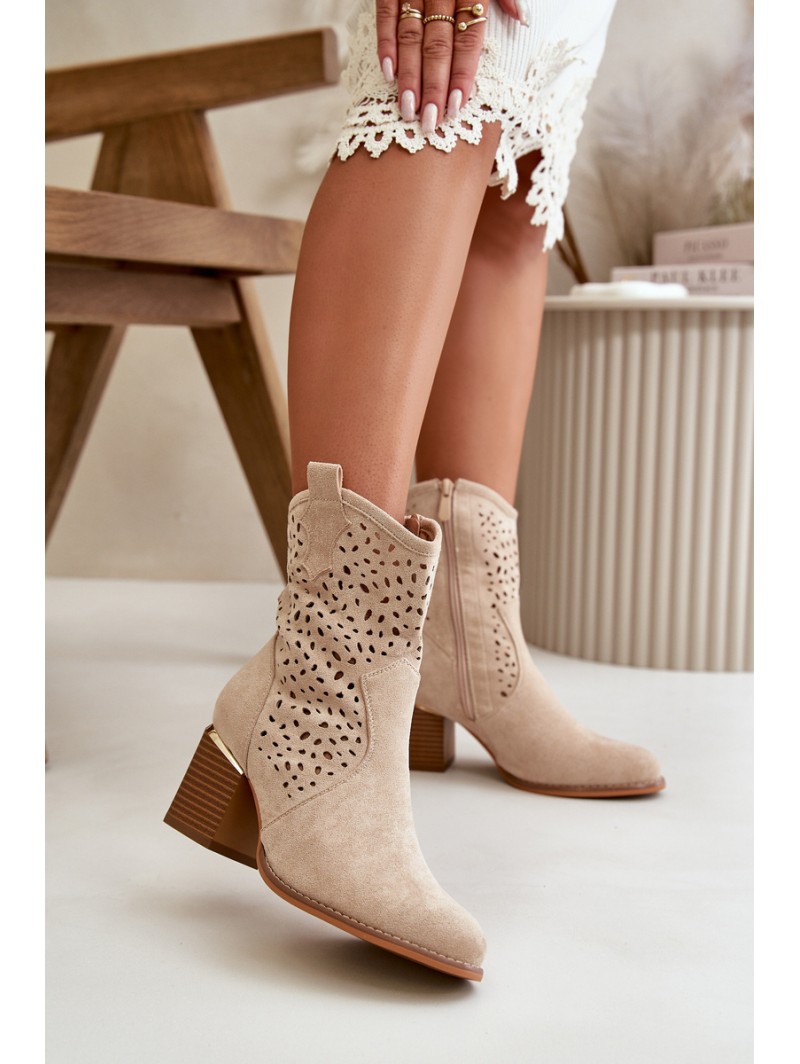 Beige Sevana Zip-Up Cutout Boots in Faux Suede