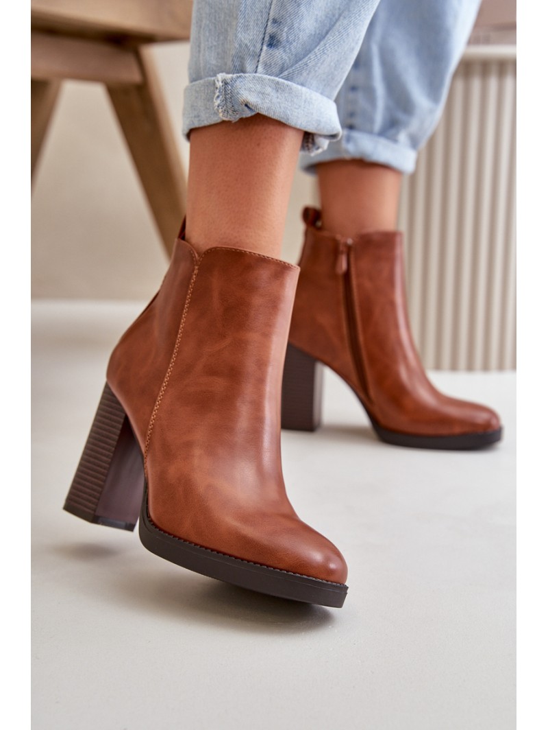 Lined Women's Boots with Chunky Heel Faux Leather Brown Teresine