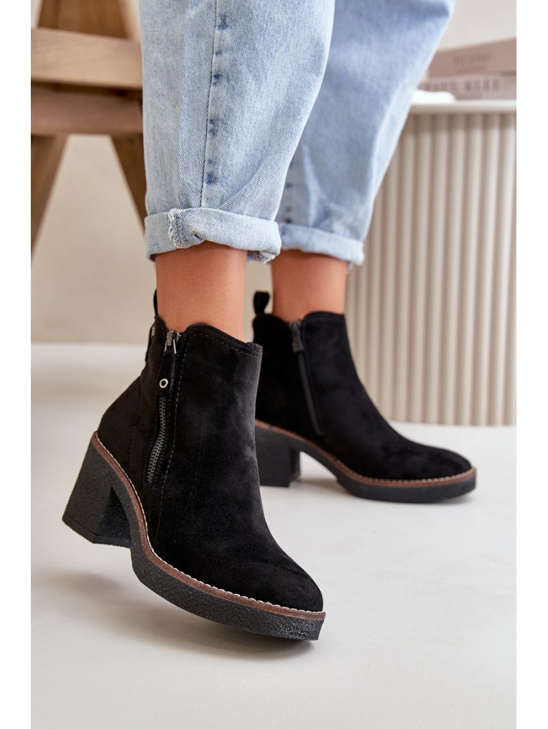 Lined Women's Ankle Boots with Block Heel in Black Faux Suede Velarilla