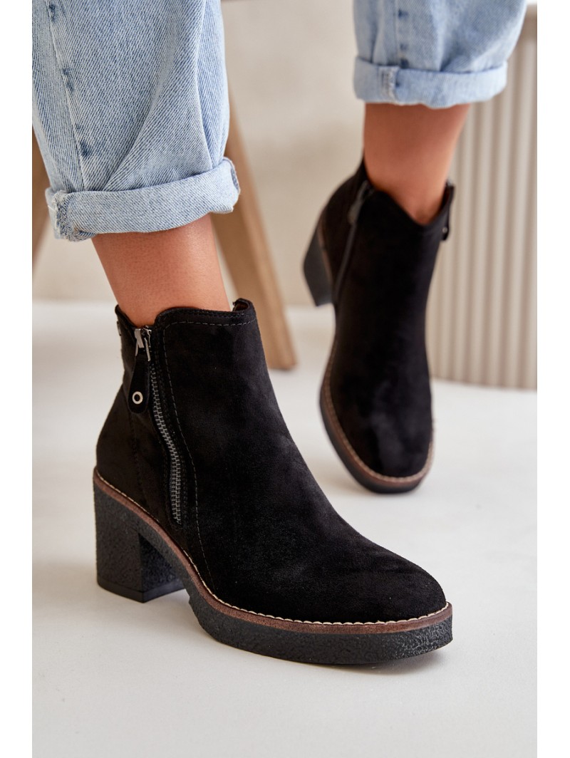 Lined Women's Ankle Boots with Block Heel in Black Faux Suede Velarilla