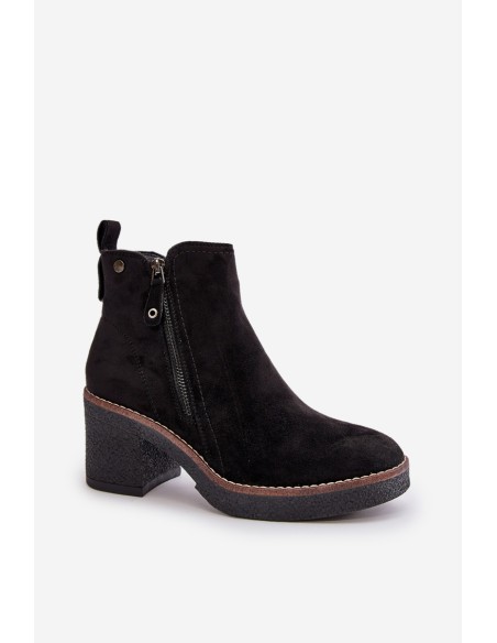 Lined Women's Ankle Boots with Block Heel in Black Faux Suede Velarilla