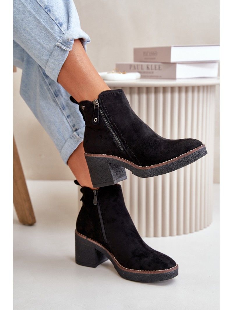 Lined Women's Ankle Boots with Block Heel in Black Faux Suede Velarilla