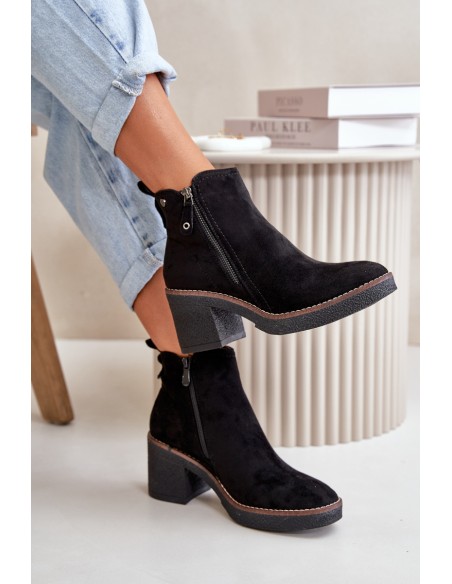 Lined Women's Ankle Boots with Block Heel in Black Faux Suede Velarilla