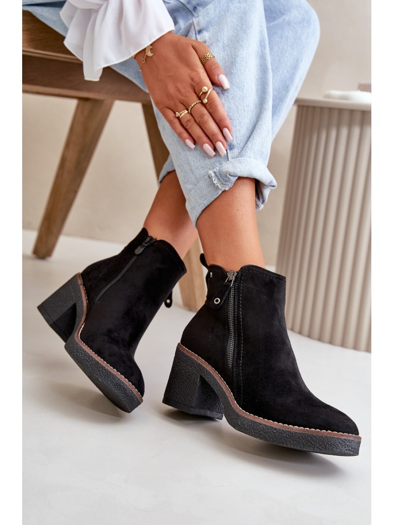 Lined Women's Ankle Boots with Block Heel in Black Faux Suede Velarilla