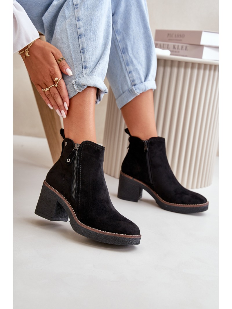 Lined Women's Ankle Boots with Block Heel in Black Faux Suede Velarilla