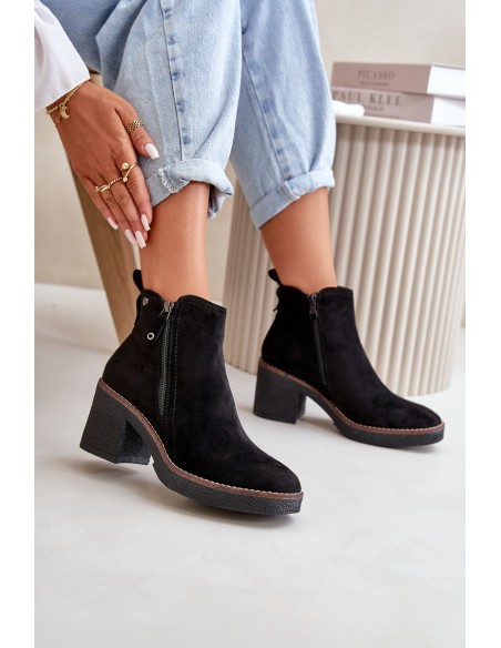 Lined Women's Ankle Boots with Block Heel in Black Faux Suede Velarilla