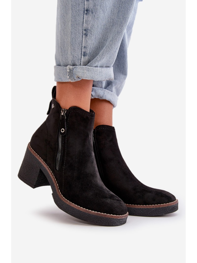 Lined Women's Ankle Boots with Block Heel in Black Faux Suede Velarilla