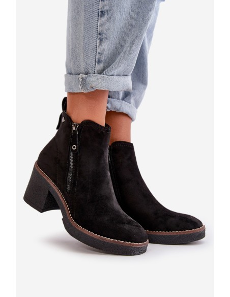 Lined Women's Ankle Boots with Block Heel in Black Faux Suede Velarilla