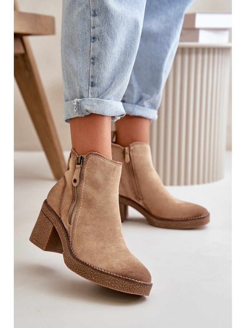 Lined Women's Ankle Boots with Block Heel in Beige Velarilla