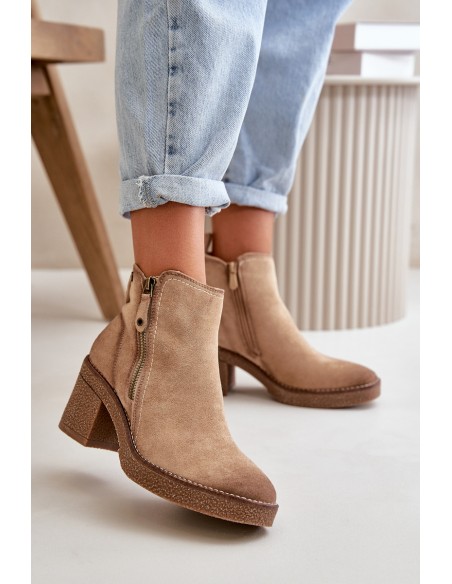 Lined Women's Ankle Boots with Block Heel in Beige Velarilla